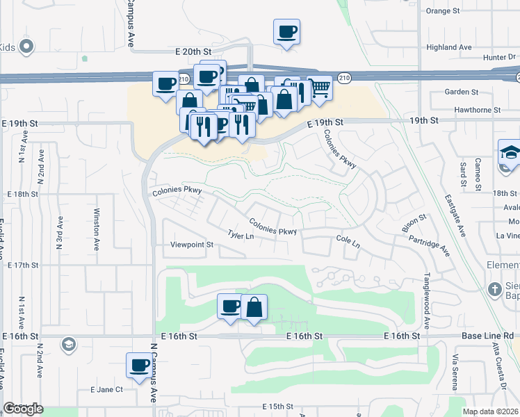 map of restaurants, bars, coffee shops, grocery stores, and more near 1238 Leggio Lane in Upland