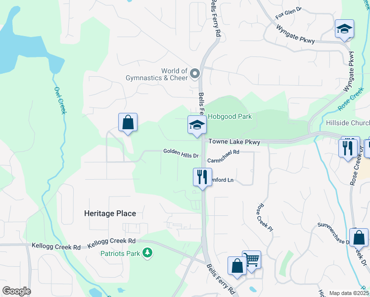 map of restaurants, bars, coffee shops, grocery stores, and more near 108 Golden Hills Drive in Woodstock