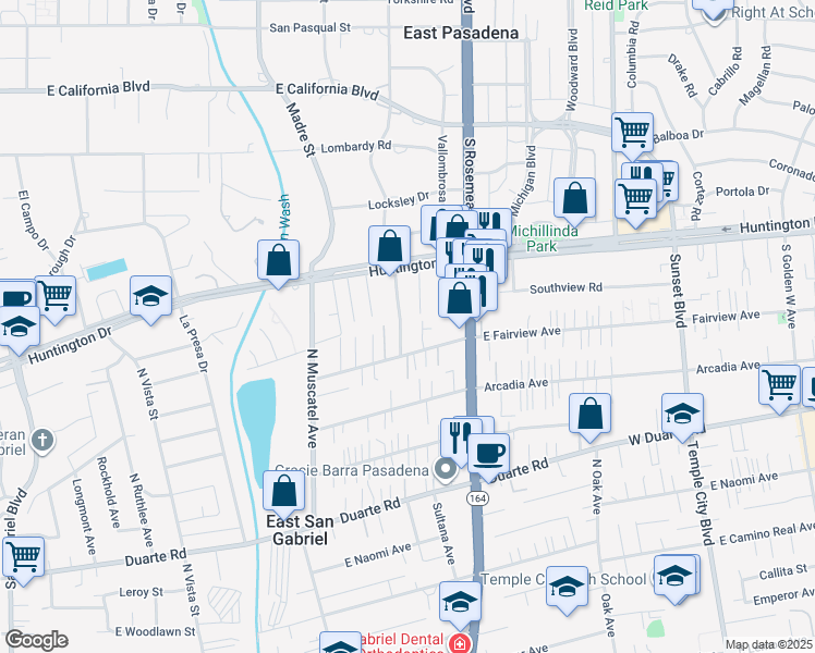 map of restaurants, bars, coffee shops, grocery stores, and more near 7134 North Lotus Avenue in San Gabriel
