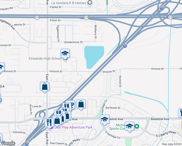 map of restaurants, bars, coffee shops, grocery stores, and more near 13667 Victoria Street in Rancho Cucamonga