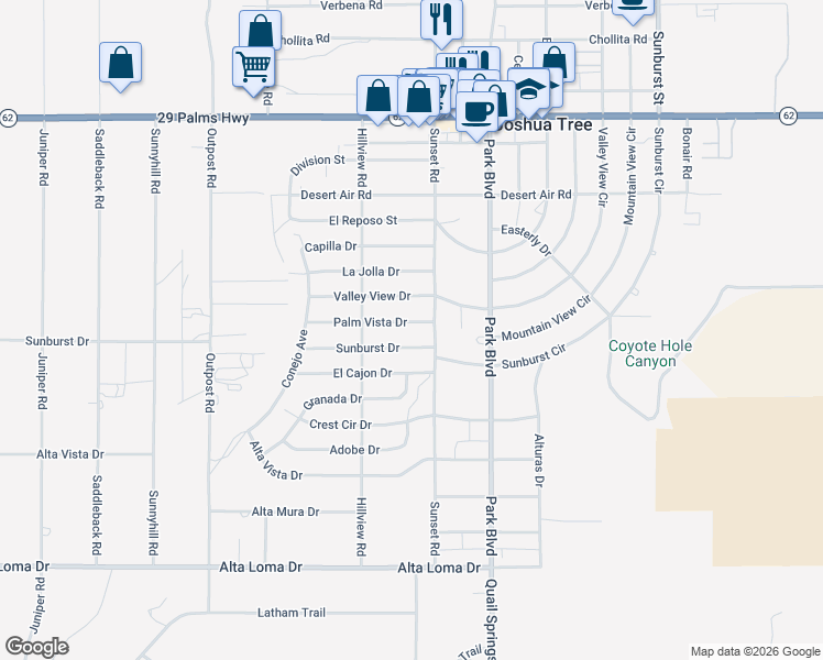 map of restaurants, bars, coffee shops, grocery stores, and more near 61673 Palm Vista Drive in Joshua Tree