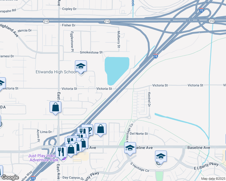 map of restaurants, bars, coffee shops, grocery stores, and more near 13667 Victoria Street in Rancho Cucamonga