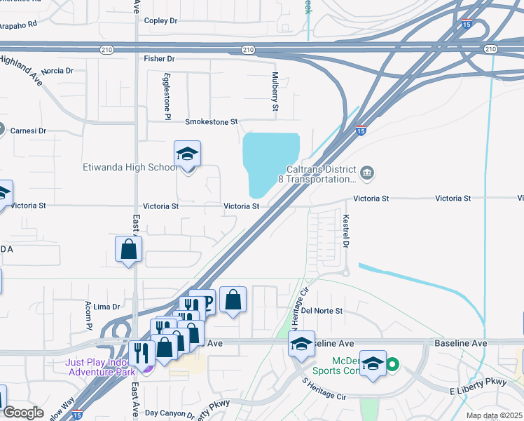 map of restaurants, bars, coffee shops, grocery stores, and more near 13667 Victoria Street in Rancho Cucamonga