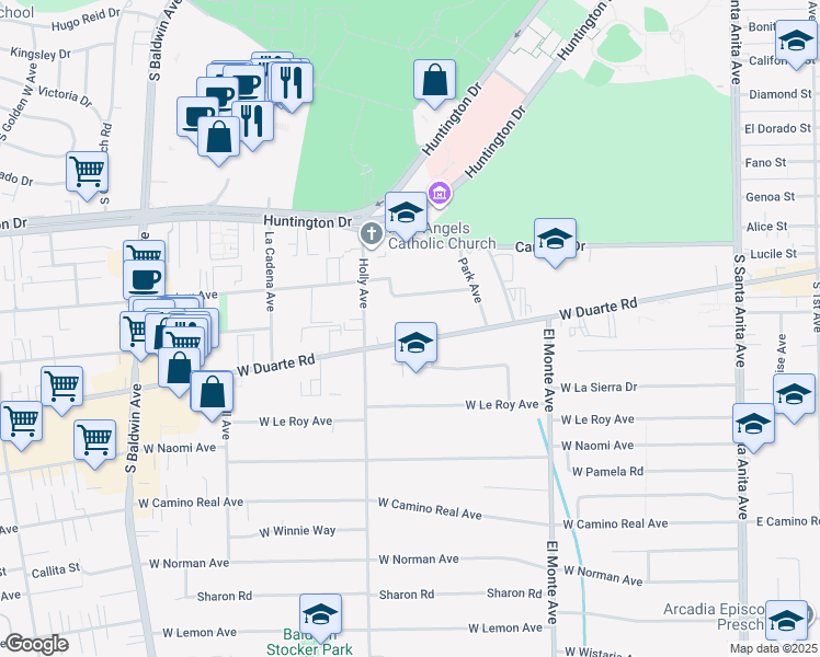 map of restaurants, bars, coffee shops, grocery stores, and more near 339 West Duarte Road in Arcadia