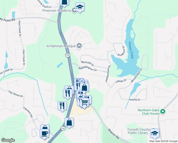 map of restaurants, bars, coffee shops, grocery stores, and more near 1630 Alvecote Court in Cumming