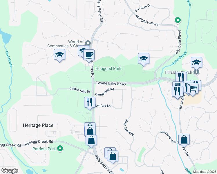 map of restaurants, bars, coffee shops, grocery stores, and more near 215 Carmichael Road in Woodstock