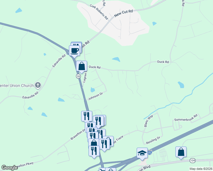 map of restaurants, bars, coffee shops, grocery stores, and more near 268 Johnson Drive in Braselton