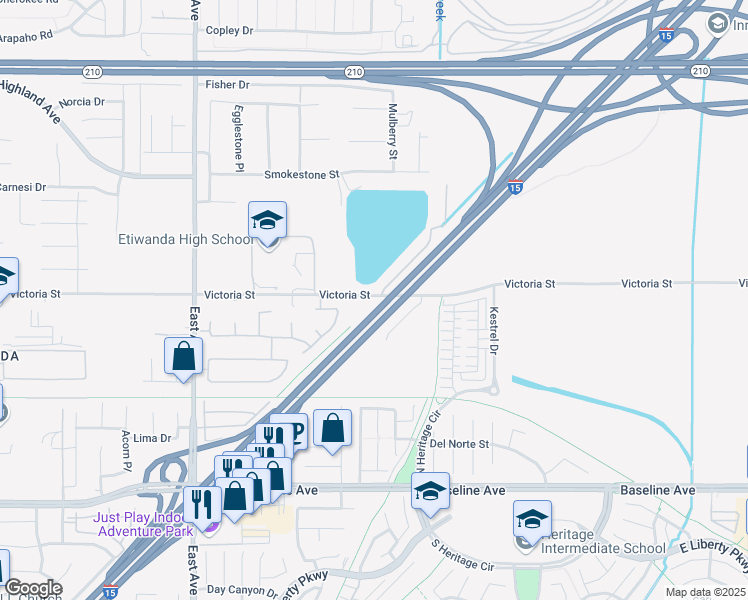 map of restaurants, bars, coffee shops, grocery stores, and more near 13667 Victoria Street in Rancho Cucamonga