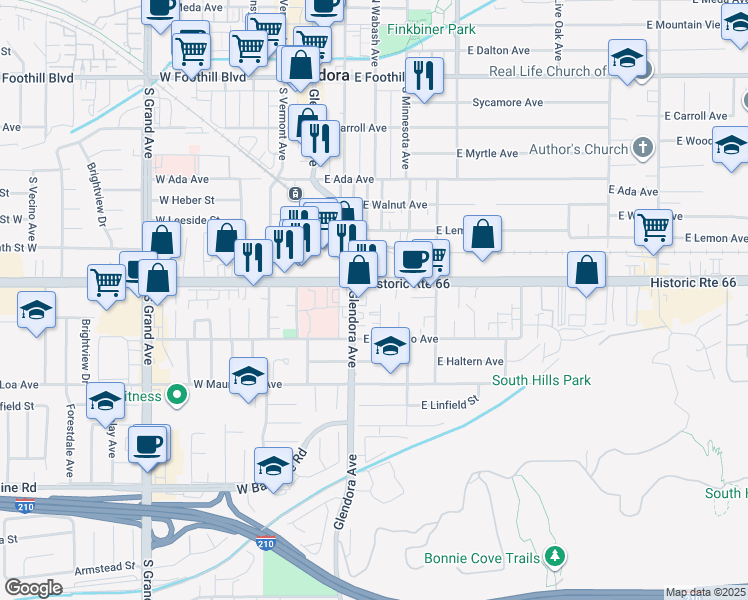 map of restaurants, bars, coffee shops, grocery stores, and more near 632 South Wabash Avenue in Glendora