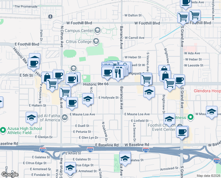 map of restaurants, bars, coffee shops, grocery stores, and more near 1150 East Alosta Avenue in Azusa