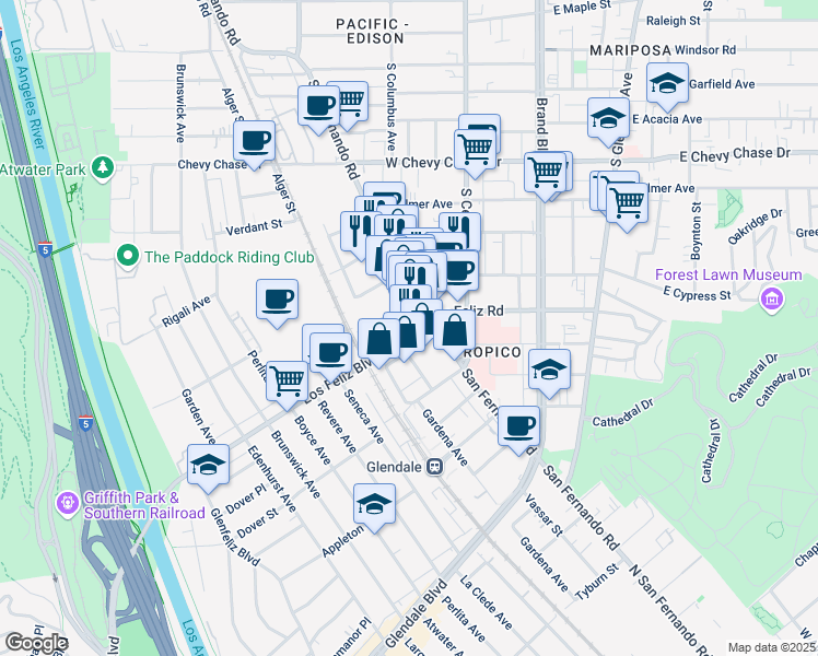 map of restaurants, bars, coffee shops, grocery stores, and more near 417 West Los Feliz Road in Glendale