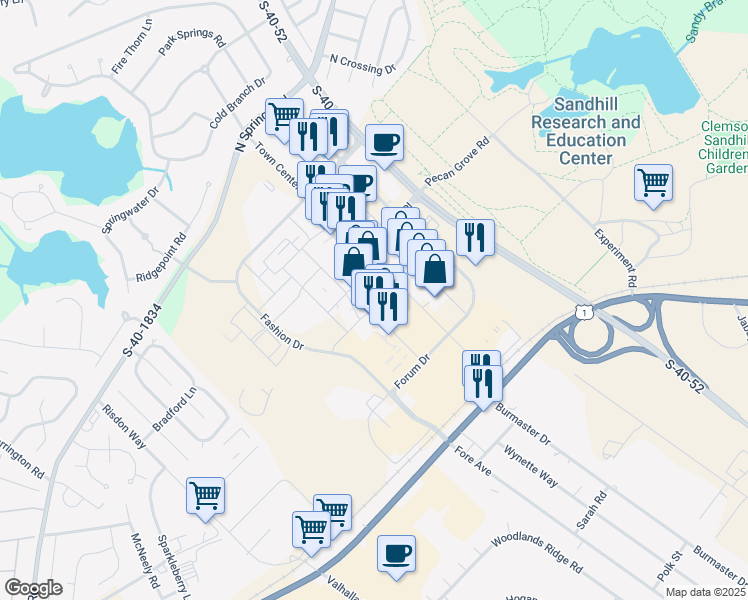 map of restaurants, bars, coffee shops, grocery stores, and more near 493-2 Town Center Place in Columbia