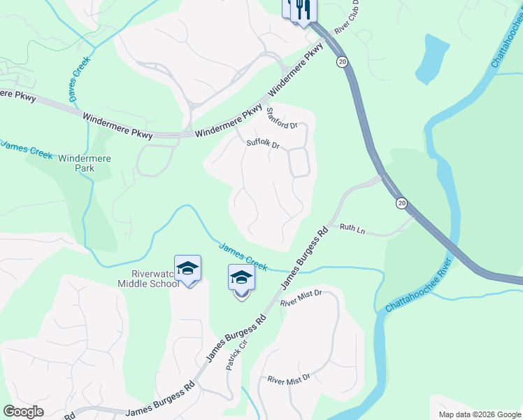 map of restaurants, bars, coffee shops, grocery stores, and more near 3265 Seven Oaks Drive in Cumming