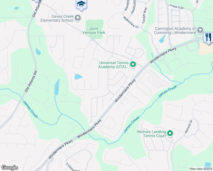 map of restaurants, bars, coffee shops, grocery stores, and more near 4195 Avondale Lane in Cumming