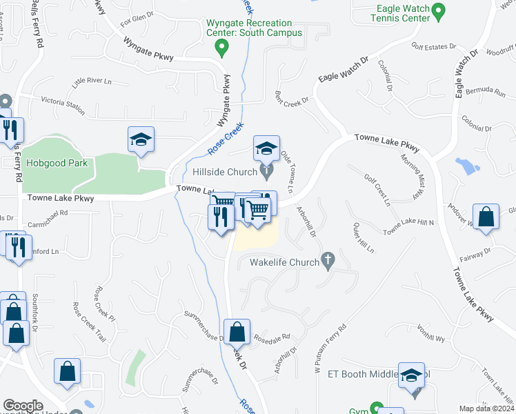 map of restaurants, bars, coffee shops, grocery stores, and more near 4475 Towne Lake Parkway in Woodstock