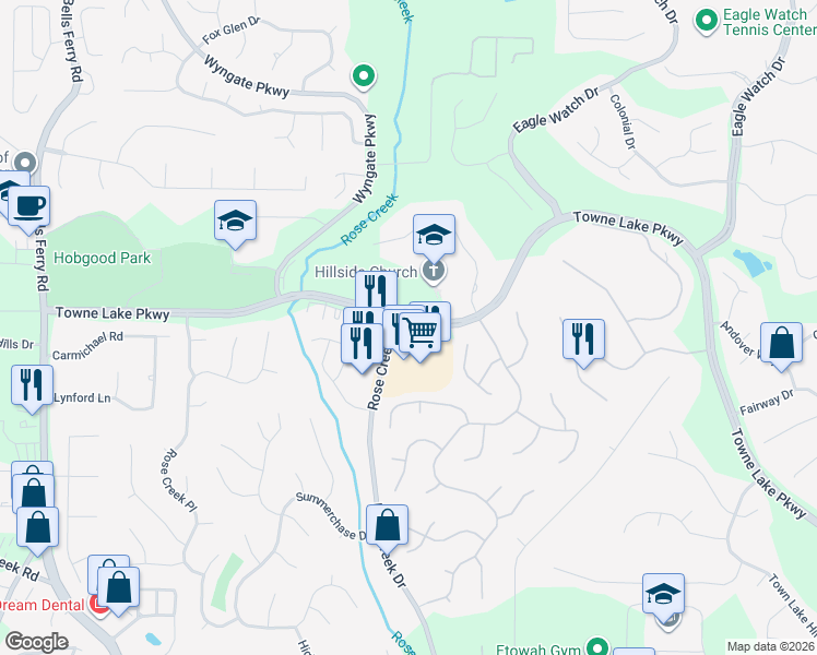 map of restaurants, bars, coffee shops, grocery stores, and more near in Woodstock