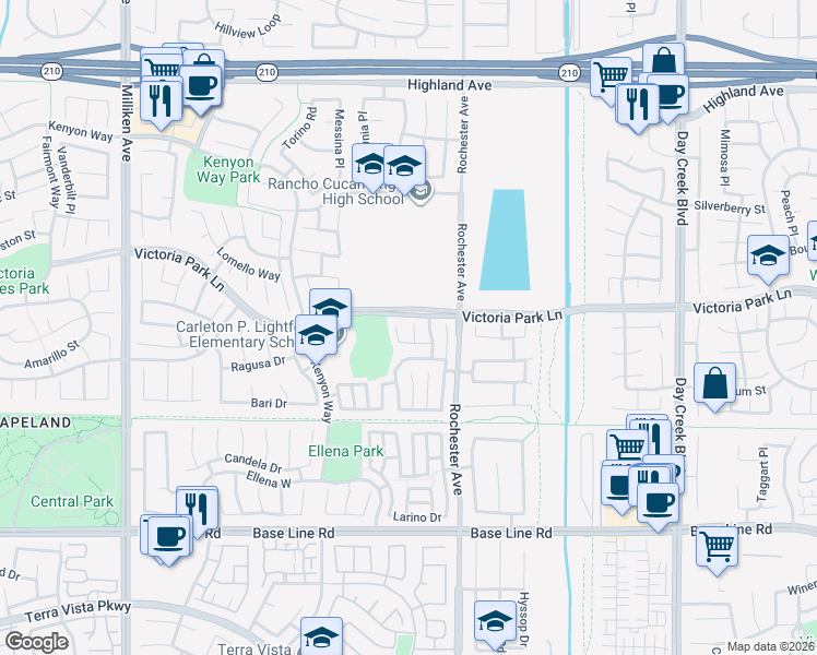 map of restaurants, bars, coffee shops, grocery stores, and more near 6940 Valatta Place in Rancho Cucamonga