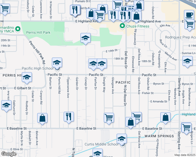 map of restaurants, bars, coffee shops, grocery stores, and more near 6929 Fairfax Drive in San Bernardino