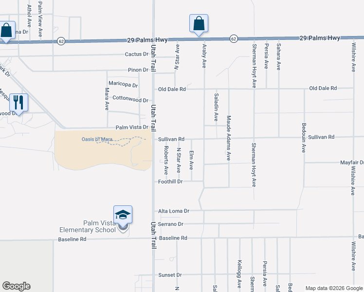 map of restaurants, bars, coffee shops, grocery stores, and more near 6929 North Star Avenue in Twentynine Palms
