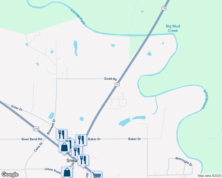map of restaurants, bars, coffee shops, grocery stores, and more near 43617 Alabama 75 in Snead