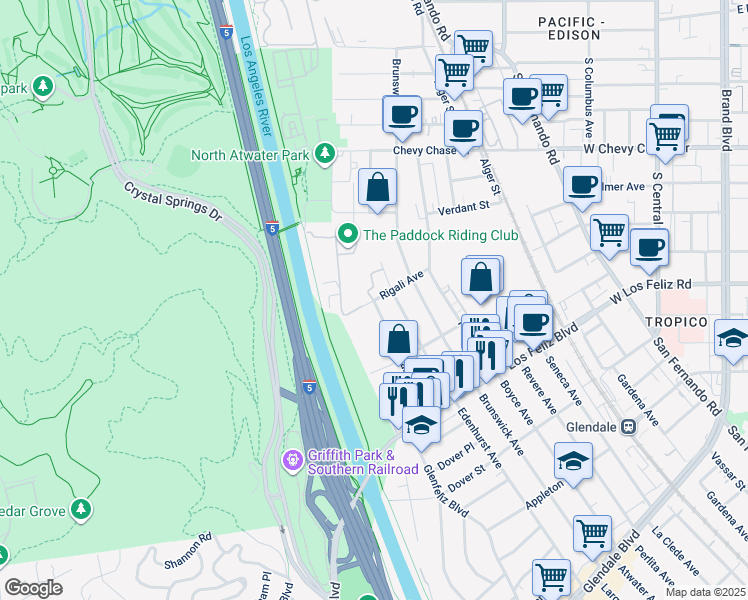 map of restaurants, bars, coffee shops, grocery stores, and more near 3935 Rigali Avenue in Los Angeles