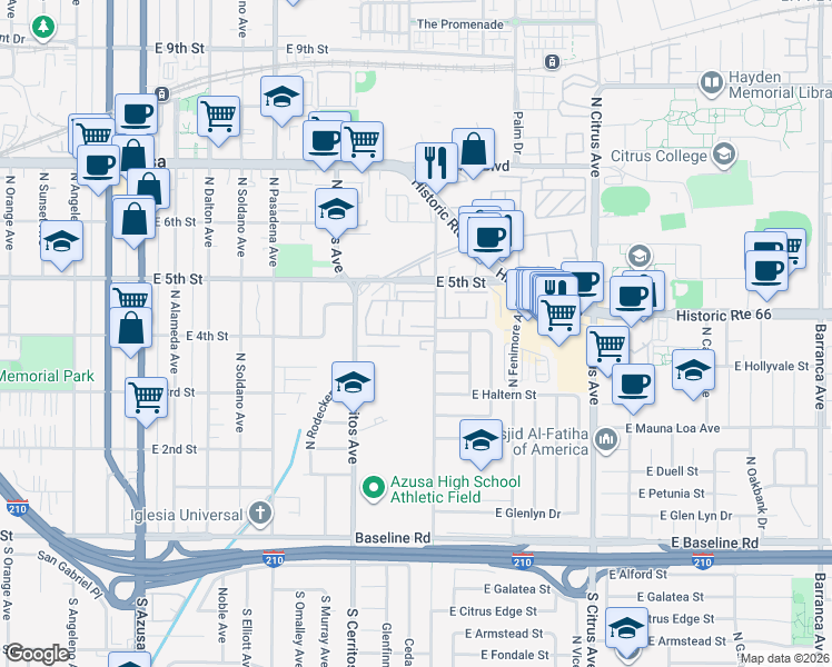 map of restaurants, bars, coffee shops, grocery stores, and more near 655 East Matchwood Place in Azusa