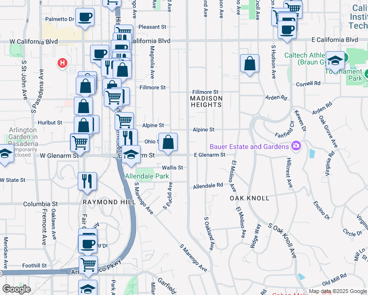 map of restaurants, bars, coffee shops, grocery stores, and more near 1025 South Los Robles Avenue in Pasadena