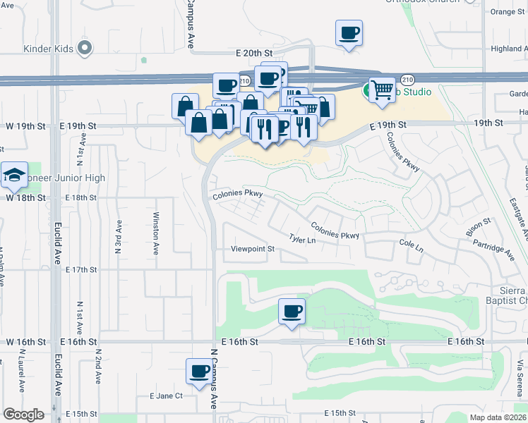 map of restaurants, bars, coffee shops, grocery stores, and more near 872 Matthys Way in Upland