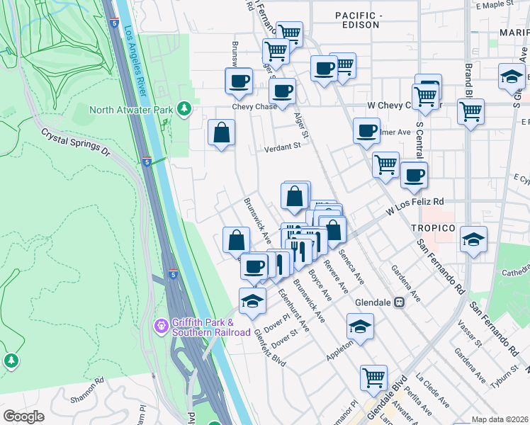 map of restaurants, bars, coffee shops, grocery stores, and more near 4139 Brunswick Avenue in Los Angeles