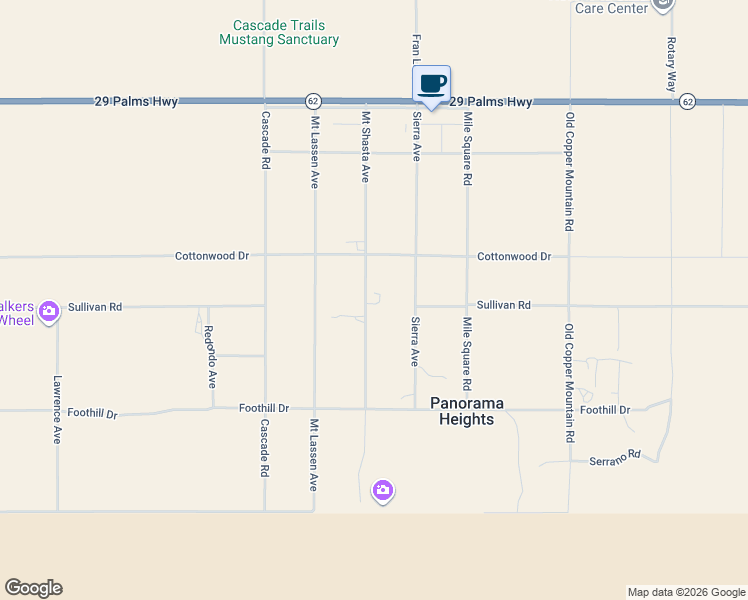 map of restaurants, bars, coffee shops, grocery stores, and more near 6875 Mount Shasta Avenue in Joshua Tree