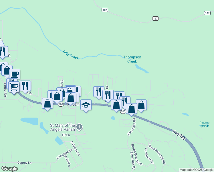 map of restaurants, bars, coffee shops, grocery stores, and more near 1343 South McCoy Drive in Pinetop-Lakeside