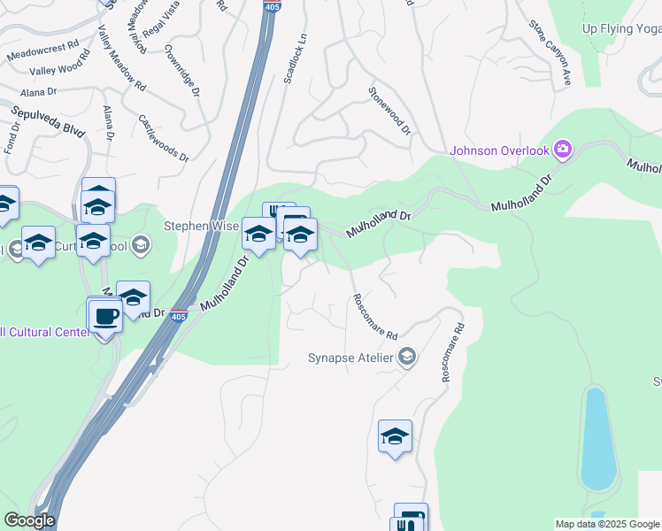 map of restaurants, bars, coffee shops, grocery stores, and more near 15438 Mulholland Drive in Los Angeles