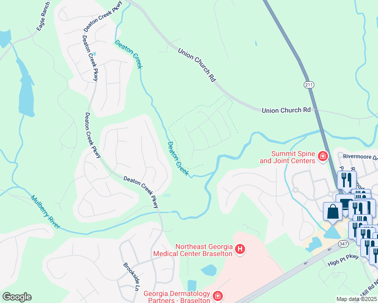 map of restaurants, bars, coffee shops, grocery stores, and more near 6056 Hickory Creek Court in Braselton