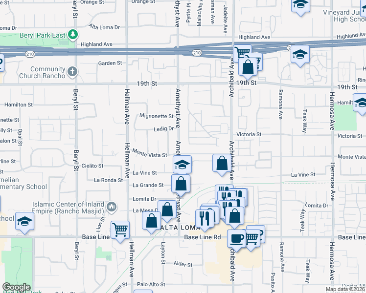 map of restaurants, bars, coffee shops, grocery stores, and more near 6956 Amethyst Avenue in Rancho Cucamonga