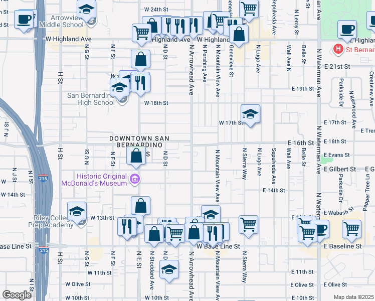 map of restaurants, bars, coffee shops, grocery stores, and more near 1576 North Arrowhead Avenue in San Bernardino