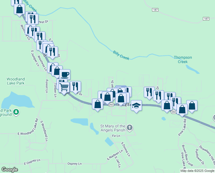 map of restaurants, bars, coffee shops, grocery stores, and more near 65 Adair Drive in Pinetop-Lakeside