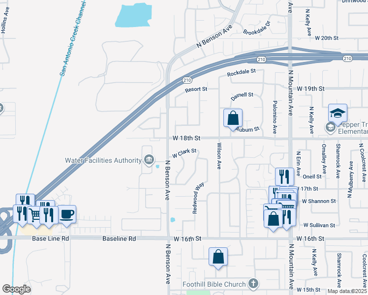 map of restaurants, bars, coffee shops, grocery stores, and more near 1555 West Clark Street in Upland