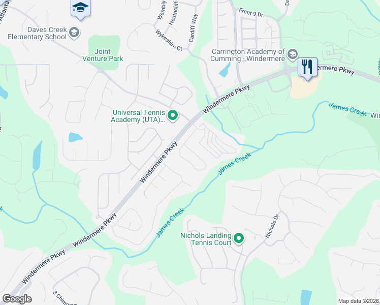 map of restaurants, bars, coffee shops, grocery stores, and more near 4635 Granby Circle in Cumming