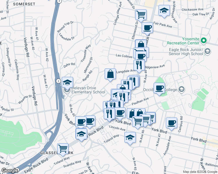 map of restaurants, bars, coffee shops, grocery stores, and more near 4518 College View Avenue in Los Angeles