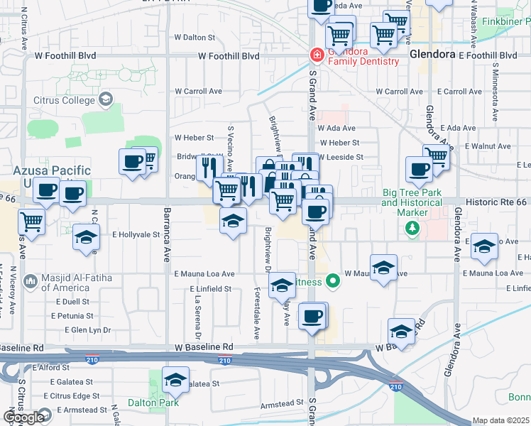 map of restaurants, bars, coffee shops, grocery stores, and more near 626 West Route 66 in Glendora