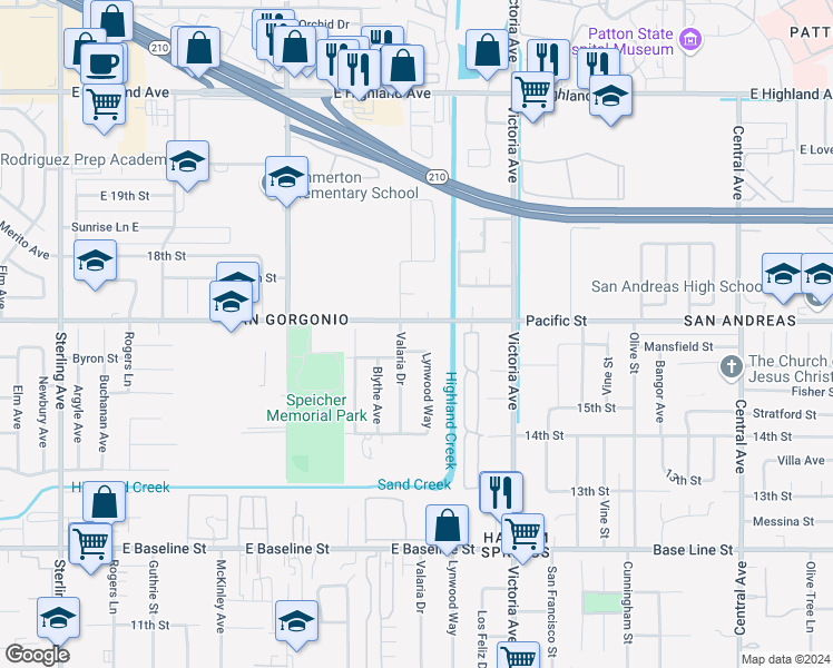 map of restaurants, bars, coffee shops, grocery stores, and more near Pacific Street in Highland