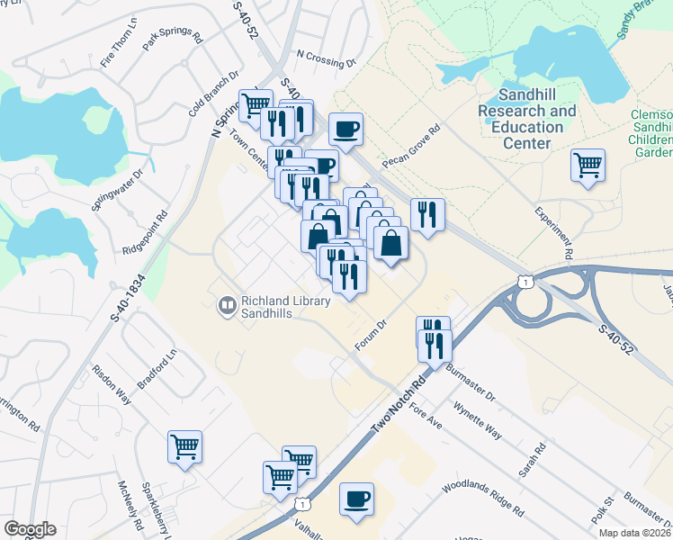 map of restaurants, bars, coffee shops, grocery stores, and more near 493-2 Town Center Place in Columbia