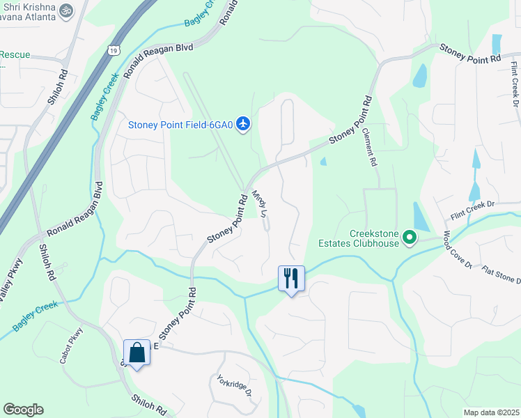 map of restaurants, bars, coffee shops, grocery stores, and more near 2210 Mindy Lane in Cumming