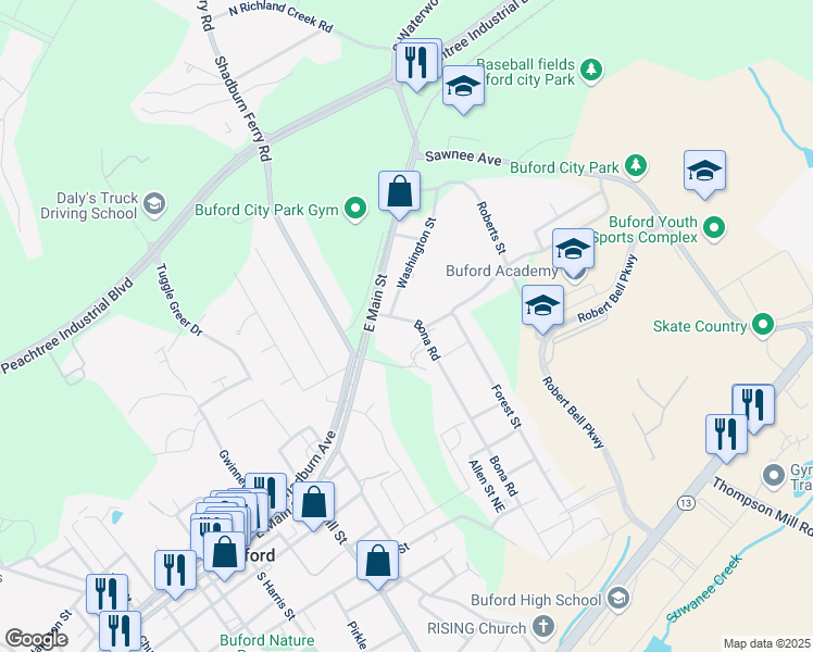 map of restaurants, bars, coffee shops, grocery stores, and more near 25 Bona Road in Buford
