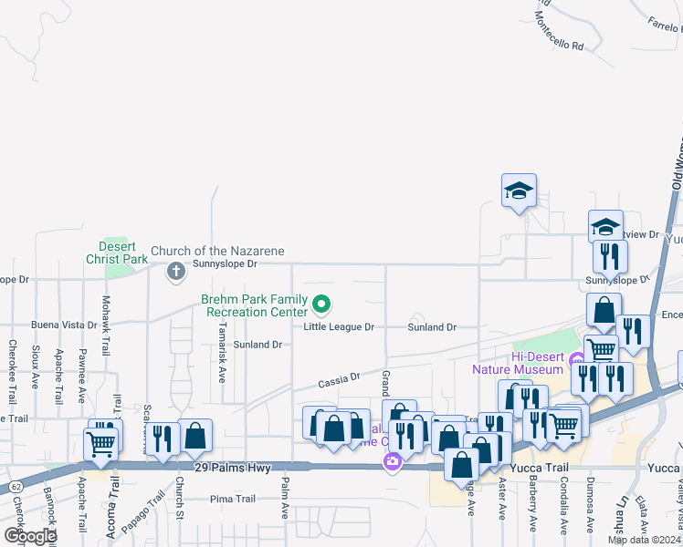 map of restaurants, bars, coffee shops, grocery stores, and more near 56593 Sunnyslope Drive in Yucca Valley