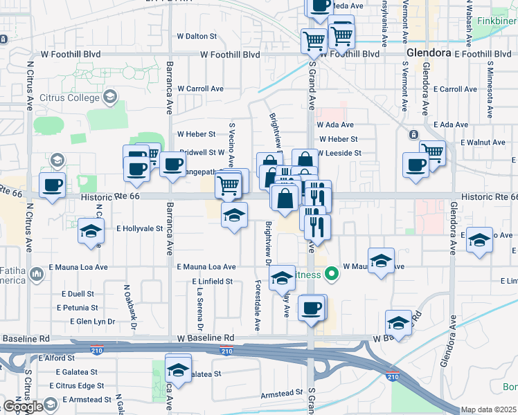 map of restaurants, bars, coffee shops, grocery stores, and more near 626 West Route 66 in Glendora