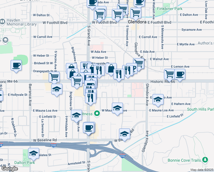 map of restaurants, bars, coffee shops, grocery stores, and more near 422 West Route 66 in Glendora
