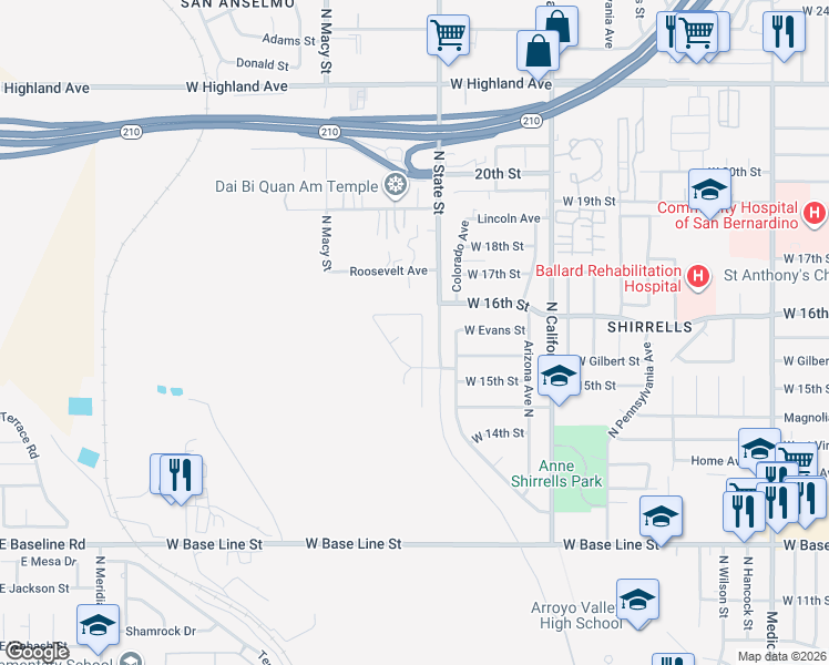 map of restaurants, bars, coffee shops, grocery stores, and more near 1555 North Grand Street in San Bernardino