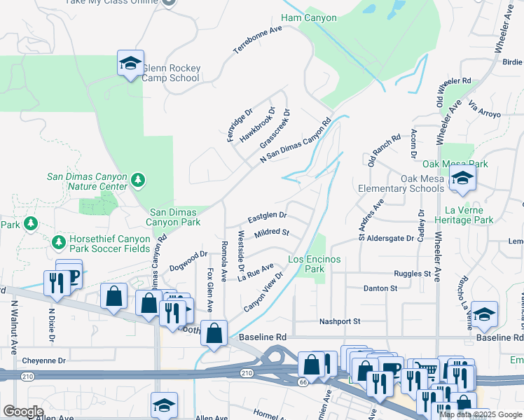 map of restaurants, bars, coffee shops, grocery stores, and more near 967 Eastglen Dr in La Verne