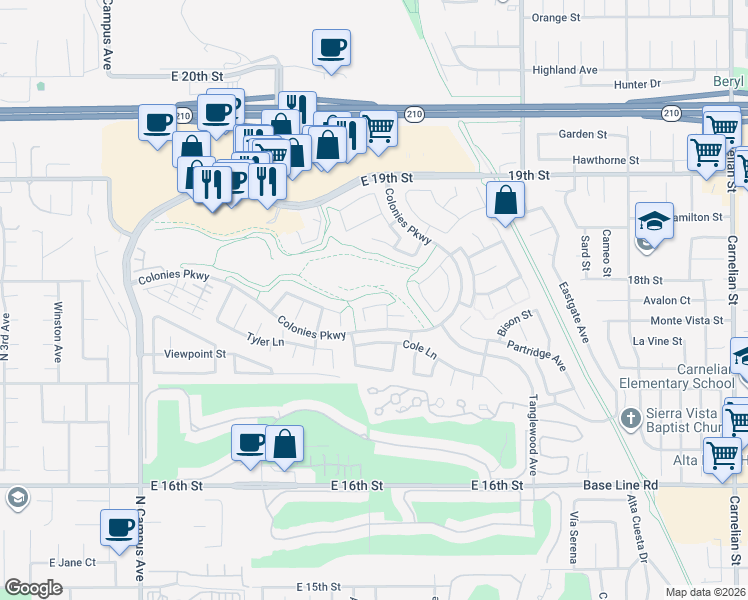 map of restaurants, bars, coffee shops, grocery stores, and more near 1387 Seth Loop North in Upland